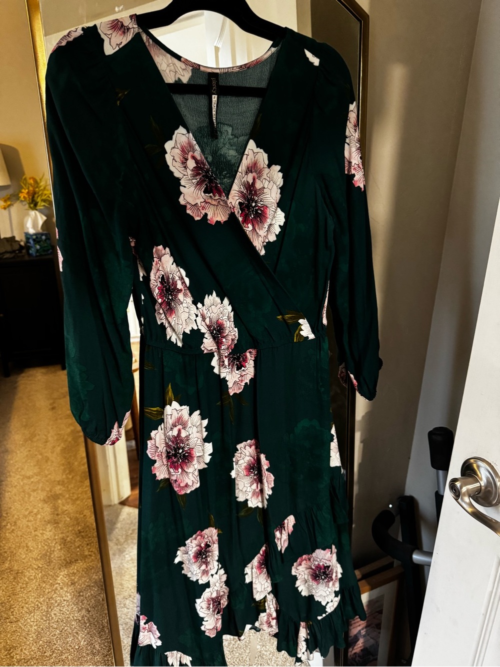 Tracy Reese Dark Green Midi Dress with Pink Floral Print